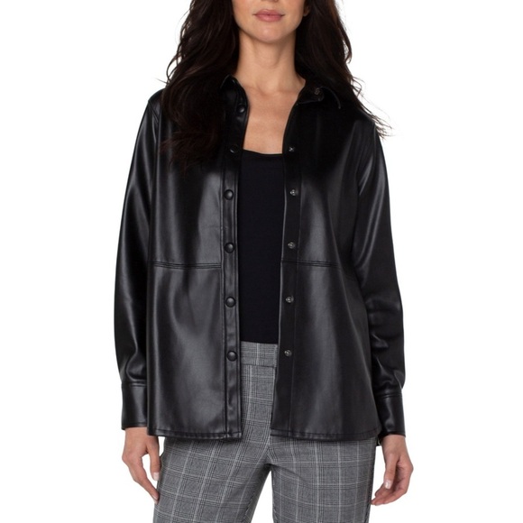 Liverpool Seamed Faux Vegan Button-down Leather Shacket, Black, Size XS‎ - Picture 1 of 12